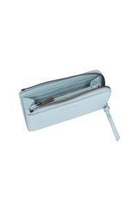 Portafoglio in pelle blu con chiusura a zip, caratterizzato da numerose fessure per carte, un compartimento centrale e una superficie testurizzata. Rifinito con un nastro di estrazione.