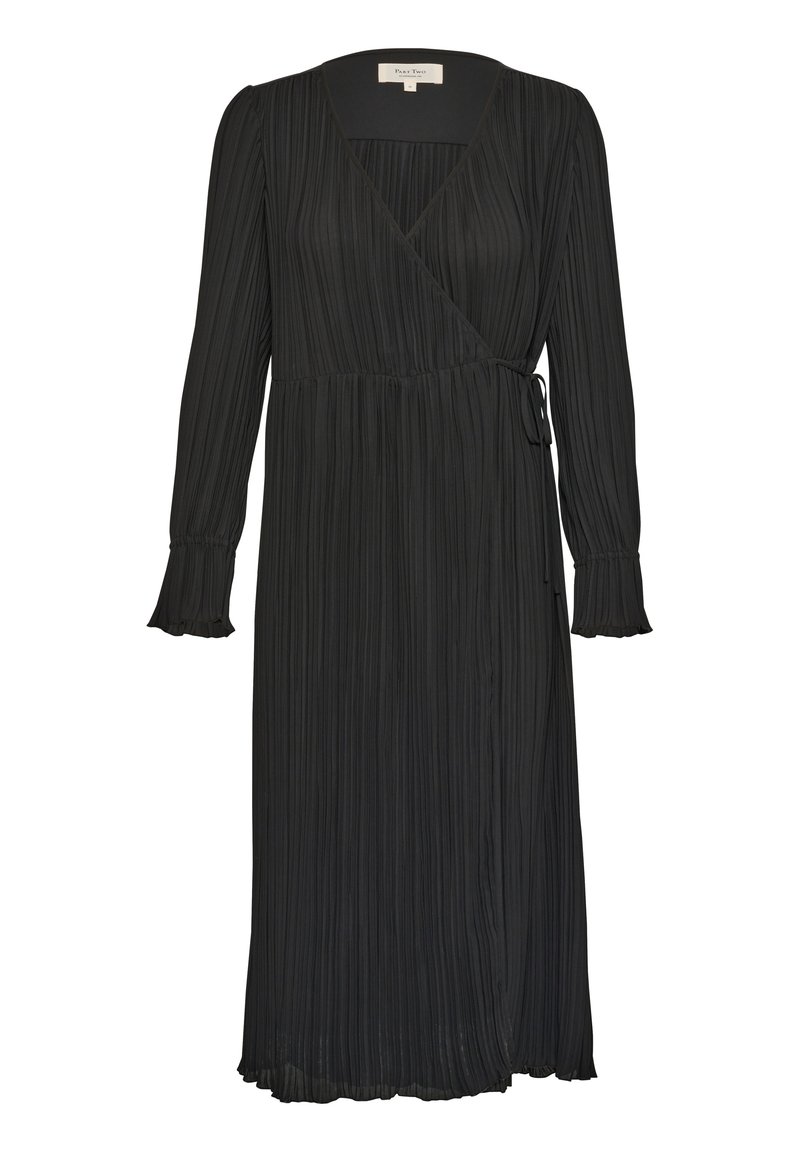 Schwarzes plissiertes Wickelkleid mit langen Ärmeln, V-Ausschnitt und tailliertem Detail. Verfügt über weit geschnittene Manschetten und eine fließende Silhouette.