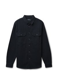 Camicia nera a maniche lunghe con bottoni realizzata in tessuto testurizzato; presenta un colletto, due tasche frontali e chiusura con bottoni.