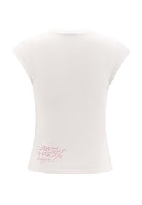 White short-sleeve t-shirt made of soft fabric. Features a pink logo with "Don Ed Hardy designs" at the lower back. Fitted silhouette.