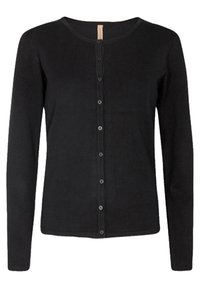 Black long-sleeve cardigan made of soft fabric, featuring a round neckline and front button closure with matching buttons.