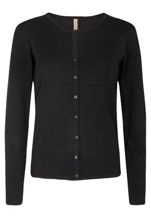 Černý dlouhý cardigan s dlouhým rukávem vyrobený z měkké látky, s kulatým výstřihem a předním zapínáním na knoflíky, které odpovídají barvou.