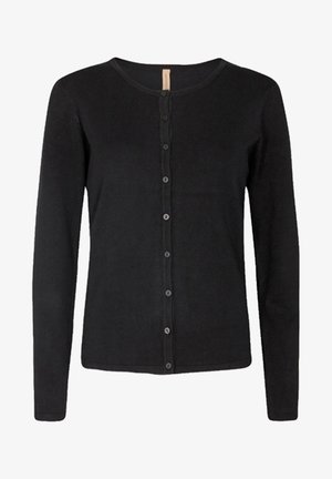 Black long-sleeve cardigan made of soft fabric, featuring a round neckline and front button closure with matching buttons.
