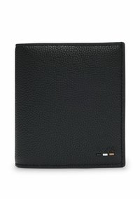 Black leather wallet with a textured finish, bi-fold design, featuring a debossed logo and three horizontal accent stripes on the bottom right.