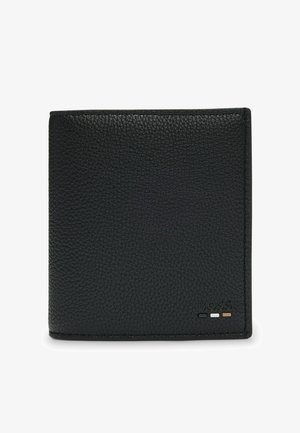 Black leather wallet with a textured finish, bi-fold design, featuring a debossed logo and three horizontal accent stripes on the bottom right.