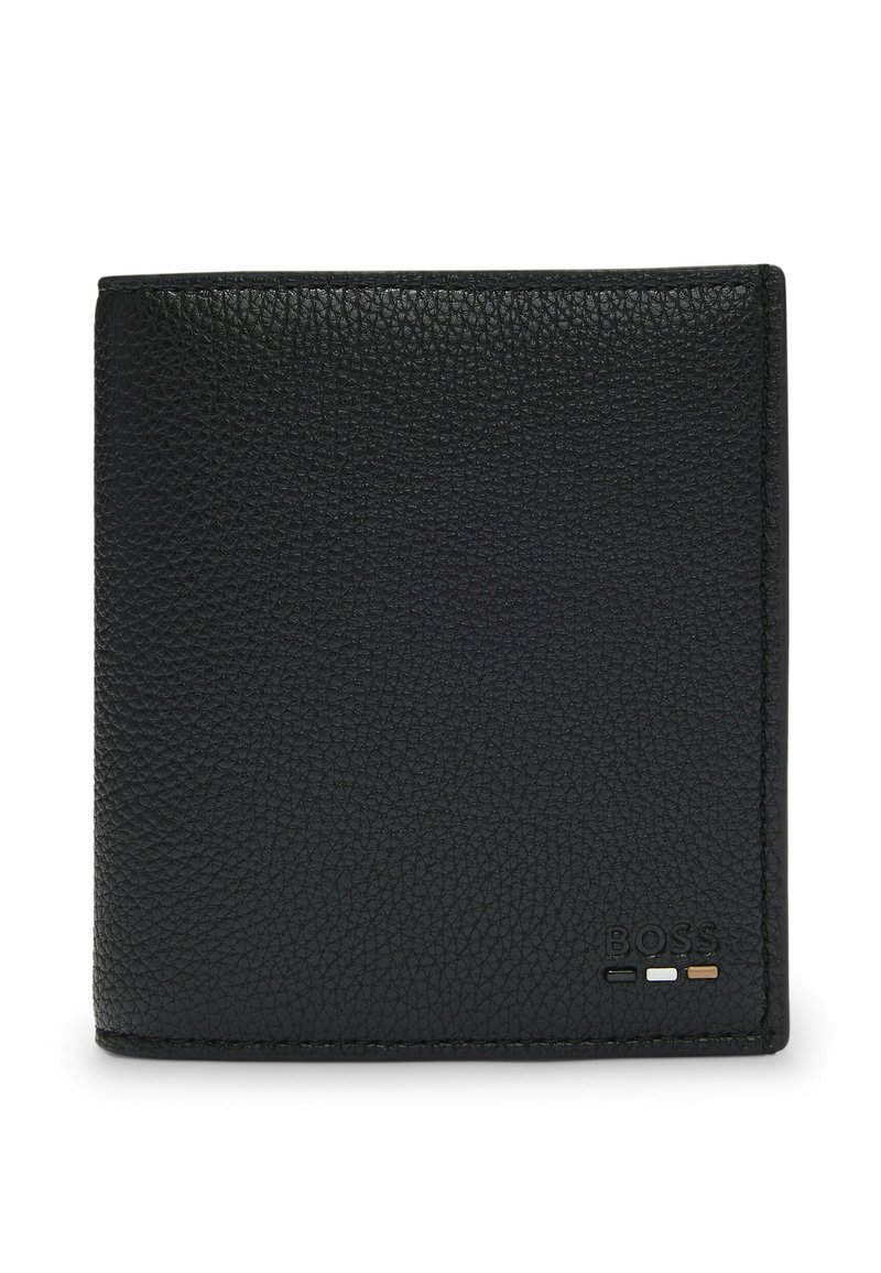 Black leather wallet with a textured finish, bi-fold design, featuring a debossed logo and three horizontal accent stripes on the bottom right.