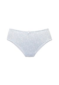 Helleblaue Baumwollslip mit Blattmuster, der eine dekorative Schleife am Bund und eine Spitzenborte entlang der Kanten aufweist.