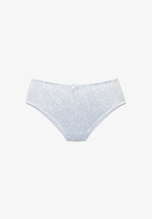 Helleblaue Baumwollslip mit Blattmuster, der eine dekorative Schleife am Bund und eine Spitzenborte entlang der Kanten aufweist.