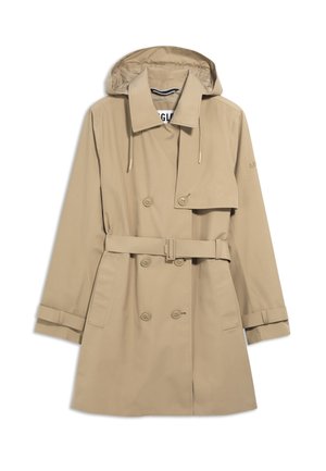 Manteau trench beige avec des boutons croisés, taille ceinturée, straps de manches ajustables et capuche avec cordons.