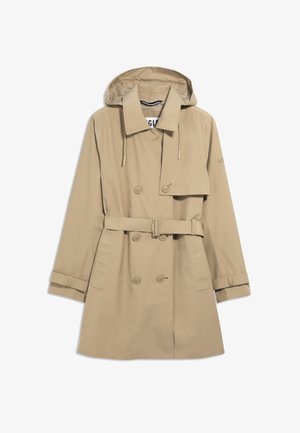 Manteau trench beige avec des boutons croisés, taille ceinturée, straps de manches ajustables et capuche avec cordons.