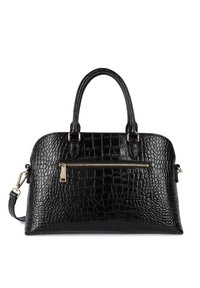 Sac en cuir de crocodile noir avec des détails en fermeture éclair dorée, doubles poignées supérieures et bandoulière amovible. Texture lisse.