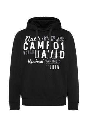 Black hooded sweatshirt with white graphic text featuring various nautical-themed words and phrases. Cotton material with ribbed cuffs and hem.