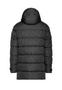 Schwarze gepolsterte Winterjacke mit Kapuze, langen Ärmeln und horizontaler Steppung, von hinten auf weißem Hintergrund betrachtet.