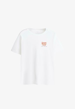 White short-sleeve T-shirt with small orange and black text on the left chest reading "SUNDAY BRUNCH CLUB (STILL BRUNCHING)".