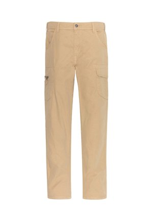 Pantalons cargo beige avec deux grandes poches latérales, fermeture à bouton et coupe droite. Fabriqués en tissu coton doux.