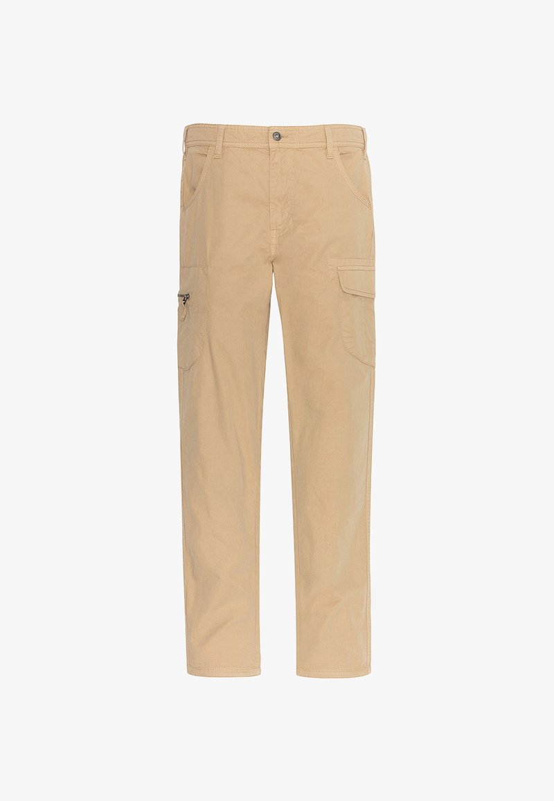 Pantalons cargo beige avec deux grandes poches latérales, fermeture à bouton et coupe droite. Fabriqués en tissu coton doux.