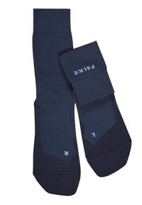 Calcetines azul marino hechos de un material texturizado, con una puntera y talón reforzados, y el logo "PAIKKE" y la talla "L" impresos en azul claro.