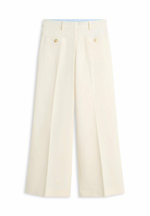 Cream-colored wide-leg pants with high waist, front pleats, two front patch pockets, and gold button details at pocket tops.