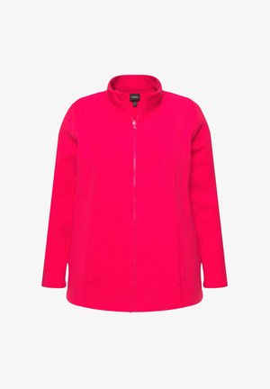 Růžová fleece bunda s vysokým límcem, plným předním zipem a dlouhými rukávy. Hladká textura a rovný střih s jemnými švy.