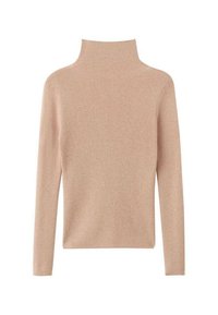Maglione a collo alto rosa chiaro con una texture a coste e maniche lunghe. Il tessuto presenta sottili riflessi metallici per un tocco di dettaglio in più.