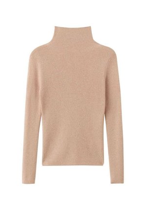 Suéter de cuello alto rosa claro con textura acanalada y mangas largas. La tela presenta sutiles destellos metálicos para un detalle adicional.