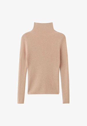 Suéter de cuello alto rosa claro con textura acanalada y mangas largas. La tela presenta sutiles destellos metálicos para un detalle adicional.