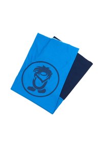 Two fabric pieces, one bright blue with a dark blue circular logo featuring a character, and one solid dark blue. Soft cotton texture.