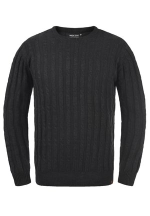 Sort strikket sweater med et tekstureret kabelmønster, rund hals, ribbede manchetter og kant. Fremstillet af et blødt, strækbart stof.