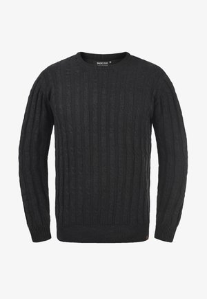 Black knitted sweater featuring a textured cable pattern, crew neck, ribbed cuffs and hem. Made from a soft, stretchy fabric.