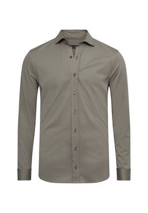 Long-sleeve shirt in olive green with a smooth texture, button placket, and dark buttons. Features a classic collar and fitted cuffs.