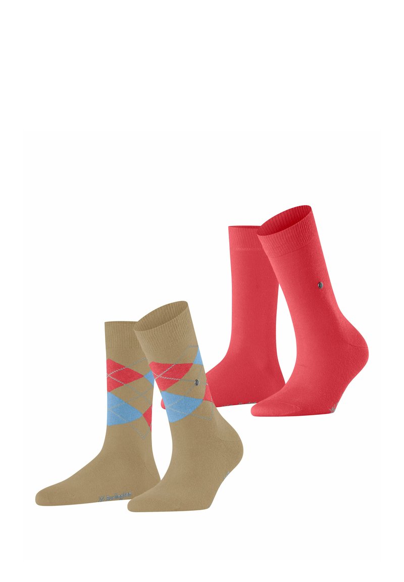 Zwei Paar Socken: ein Paar in einheitlichem Rot und das andere in Beige mit blauem und rotem Argyle-Muster. Baumwoll-Mischung, Höhe bis zur Mitte der Wade.