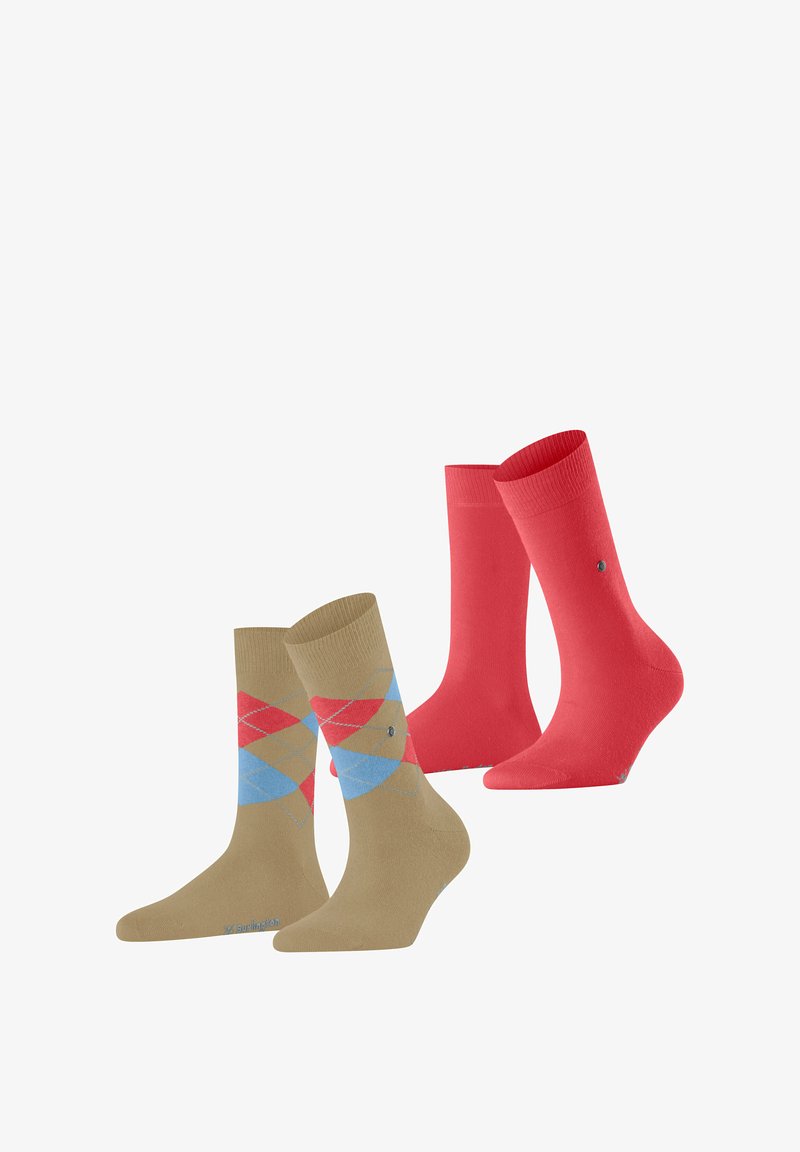 Zwei Paar Socken: ein Paar in einheitlichem Rot und das andere in Beige mit blauem und rotem Argyle-Muster. Baumwoll-Mischung, Höhe bis zur Mitte der Wade.