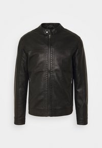 Veste en cuir noir avec un col montant, fermeture éclair à l'avant et deux poches latérales. Texture lisse avec des détails de couture minimalistes.