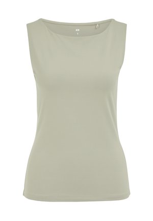 Brezrokavnik, svetlo bež oprijet top z okroglim izrezom, velikost majhna, prikazan na belem ozadju.