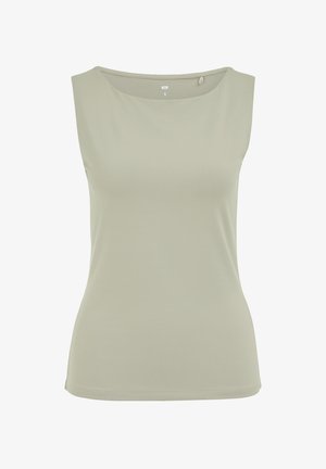 Ärmelloses, hellbeiges, figurbetontes Tanktop mit rundem Ausschnitt, Größe S, gezeigt vor weißem Hintergrund.