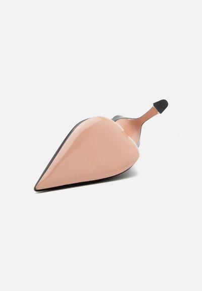 Pantofii roz cu vârful ascuțit și toc înalt, cu un finisaj lucios, accente negre și o siluetă eleganta. Tocul este subțire și are forma de stiletto.