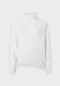 Λευκό πουλόβερ με φίνα πλέξη και ψηλό λαιμό, με ασύμμετρο στρίφωμα και ραμμένα μανίκια, προσφέροντας μια μινιμαλιστική σχεδίαση και λεπτές ραφές.