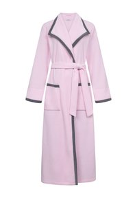 Pink fleece bathrobe with a shawl collar, gray trim, two front pockets, and a matching belt. Soft texture and knee-length design.