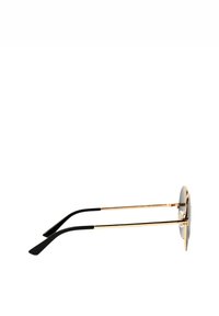 Kulaté sluneční brýle se zlatým kovovým rámem, černými acetátovými koncovkami nožiček, tmavými skly a štíhlými ramínky. Minimalistický design s hladkým povrchem.