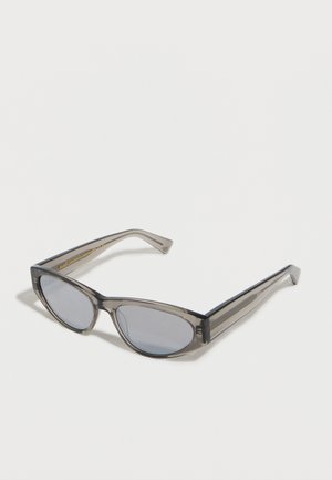 Gray translucent plastic frame sunglasses with slightly rounded cat-eye lenses and tinted gray lenses on a white surface.