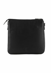 Borsa in pelle nera con texture liscia, forma rettangolare, chiusura con zip superiore e logo impresso nella parte inferiore. Design minimalista.