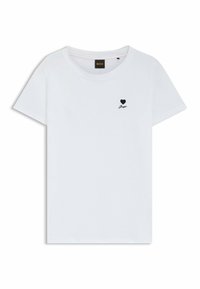 White short-sleeve t-shirt in soft cotton with a round neckline and a small black heart logo on the left chest. Simple, minimalist design.