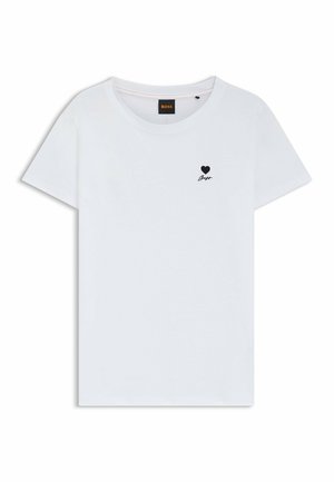 Weißes kurzärmliges T-Shirt aus weicher Baumwolle mit rundem Ausschnitt und kleinem schwarzen Herz-Logo auf der linken Brust. Einfaches, minimalistisches Design.