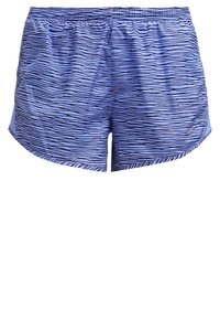 Shorts de sport bleus avec un motif de rayures ondulées noires, une taille à cordon de serrage et des accents sur les panneaux latéraux. Conçus pour le confort et la mobilité.