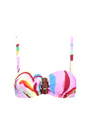 Kleurrijke bikinitop met abstracte patronen in roze, blauw en rood. Het ontwerp bevat een houten accent in het midden en verstelbare bandjes.