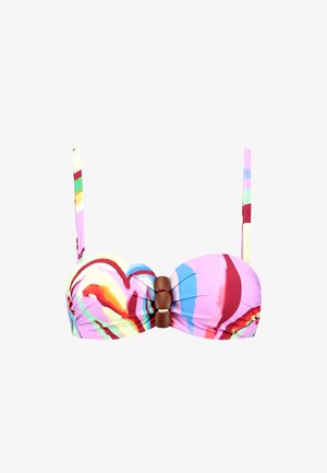 Top bikini colorato con motivi astratti in rosa, blu e rosso. Il design presenta un accento in legno al centro e spalline regolabili.