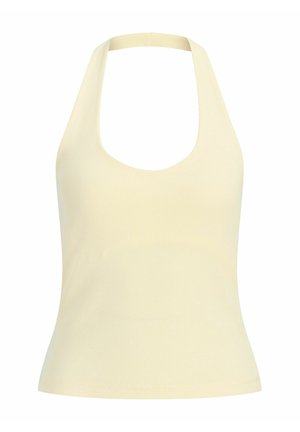 Flødefarvet ribstrikket crop top med halterneck, dyb scoop-udskæring og tætsiddende talje.
