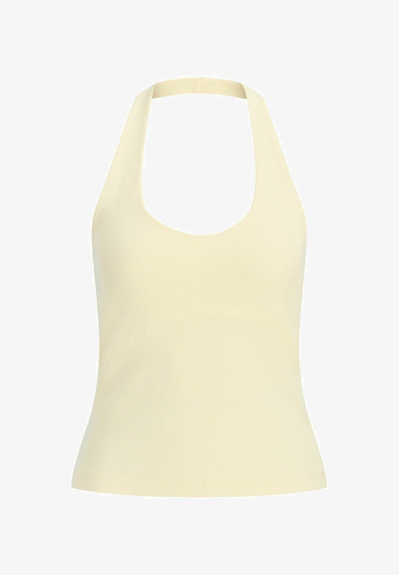 Crop top côtelé couleur crème avec col halter, encolure dégagée et taille ajustée.