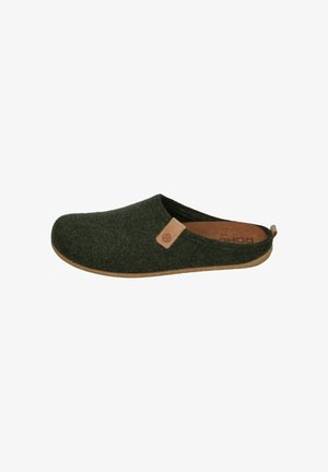Green felt slippers with a rounded shape, tan leather accent near the heel, and a textured brown sole. No back, designed for easy slip-on use.