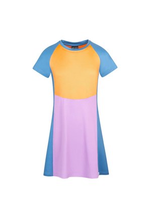 Short-sleeve dress with blue sleeves and sides, orange upper front, and purple lower front, displayed on a white background.